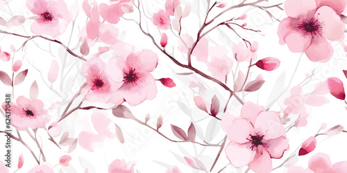 Spring seamless pattern with abstract blossom tree with delicate pink flowers and buds, watercolor illustration isolated on white background, floral print for fabric, wallpapers or wrapping paper.