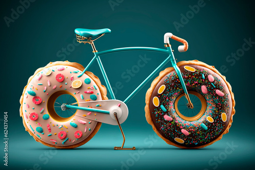 Donut and bike. Generative AI. Cute unusual bicycle with doughnut wheels. National Donut Day or Fat Thursday. Sports and diet.
