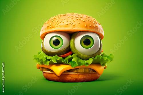 Cute hamburger with eyes on summer green background. Generative AI. Burger day. Vegetarian burger with cheese, lettuce, tomato, cucumber. Vegan Burgers concept. Funny image for notebook, menu, advert