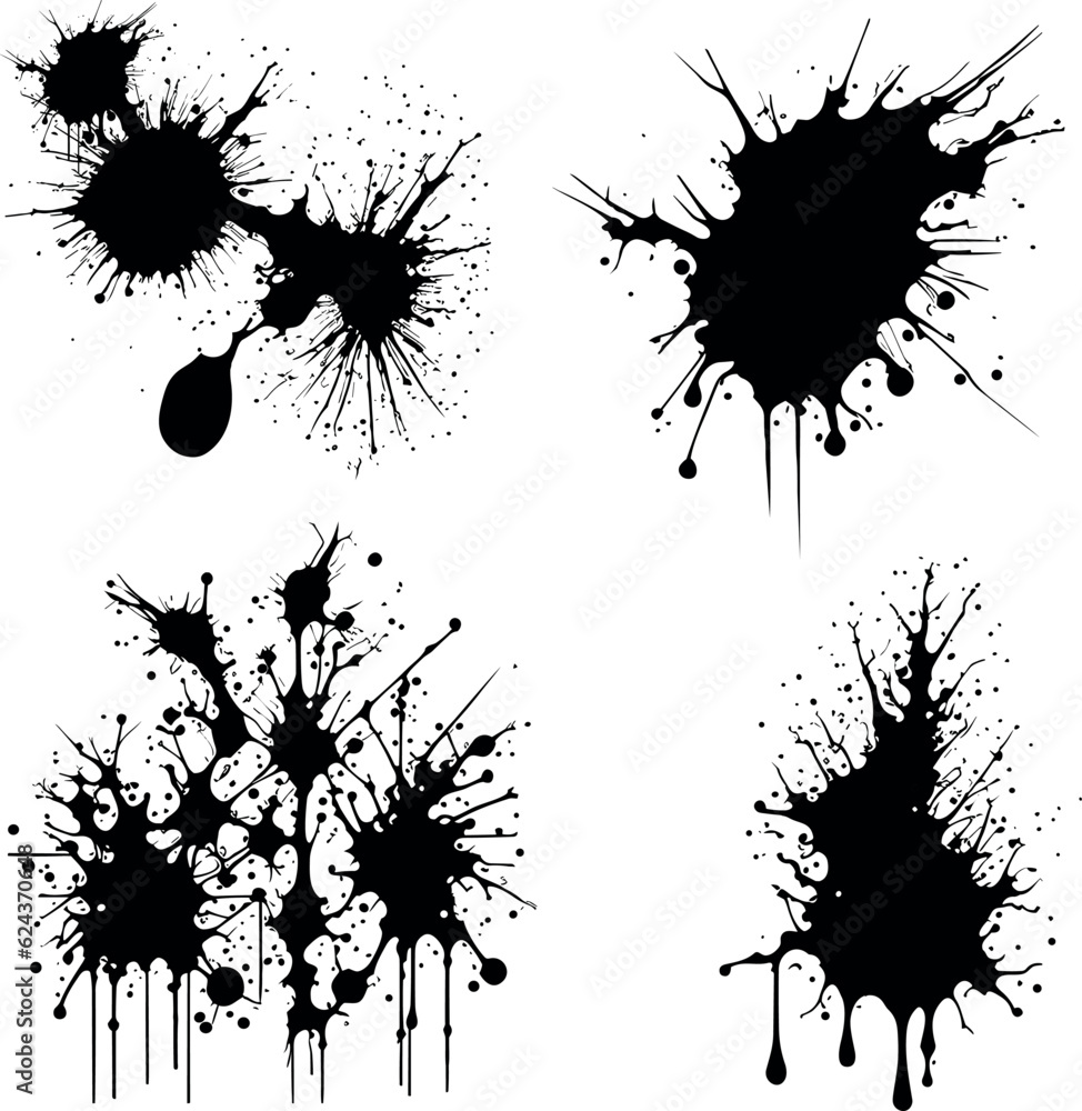 Abstract black ink splashes collection. Ink drops and splashes. Blotter spots, liquid paint drip drop splash, and ink splatter. Artistic dirty grunge abstract spot vector set. Splat messy inkblot Abstract black ink splashes collection. Ink drops and splashes. Blotter spots, liquid paint drip drop splash, and ink splatter. Artistic dirty grunge abstract spot vector set. Splat messy inkblot