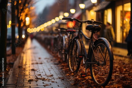 A row of bicycles parked on a sidewalk. Generative AI. © tilialucida