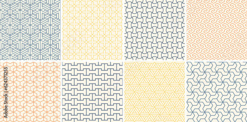 Collection of seamless ornamental vector patterns. Color simple oriental symmetry backgrounds. Geometric tile mosaic design. Grid textures - decorative outline prints