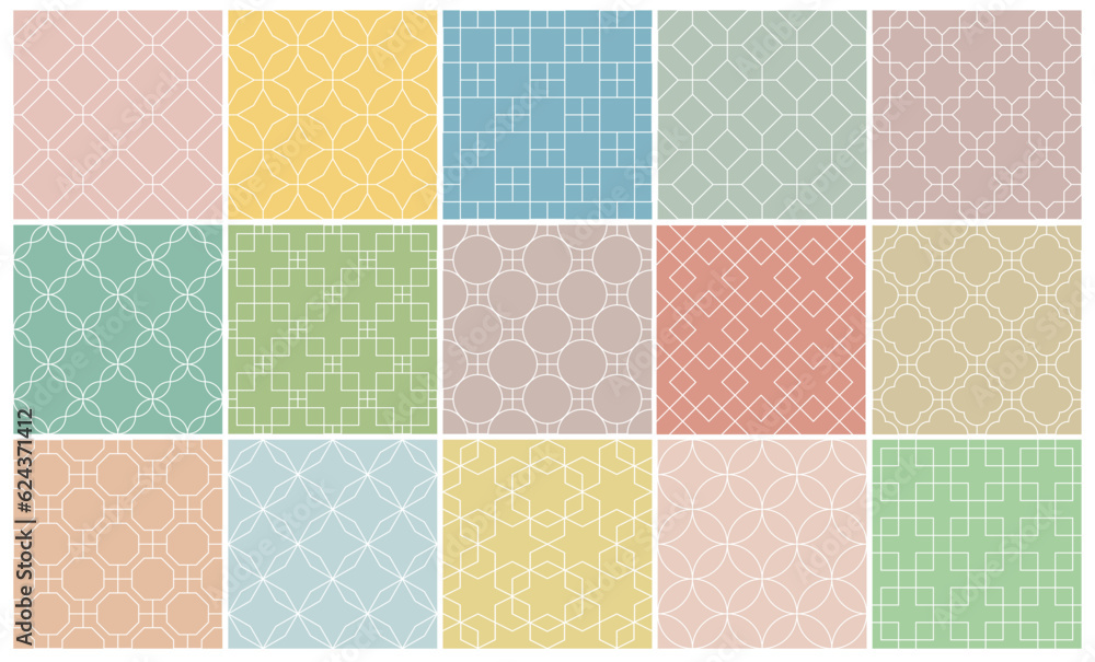 Collection of seamless geometric ornamental vector patterns. Tile oriental backgrounds. Trendy pastel color - delicate design. Vintage endless fabric prints