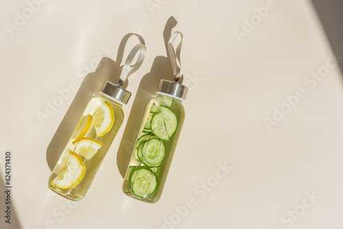 Water drink detox with  lemon and cucumber in glass bottle at sunlight on beige background. Wellness, diet, eating healthy concept. Stylish glass reusable water bottle, lifestyle minimal trend