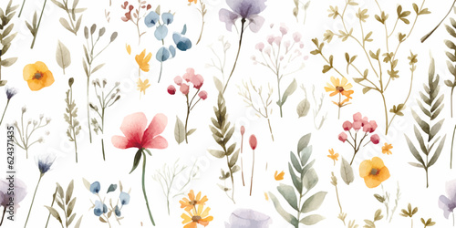 Watercolor floral seamless pattern with scattered wildflowers, leaves and plants. Summer illustration in vintage style on white background. © Eli Berr