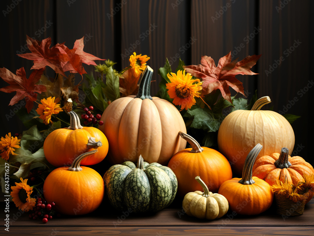 Fresh assorted pumpkin and squash on table with red and yellow fall leaves,