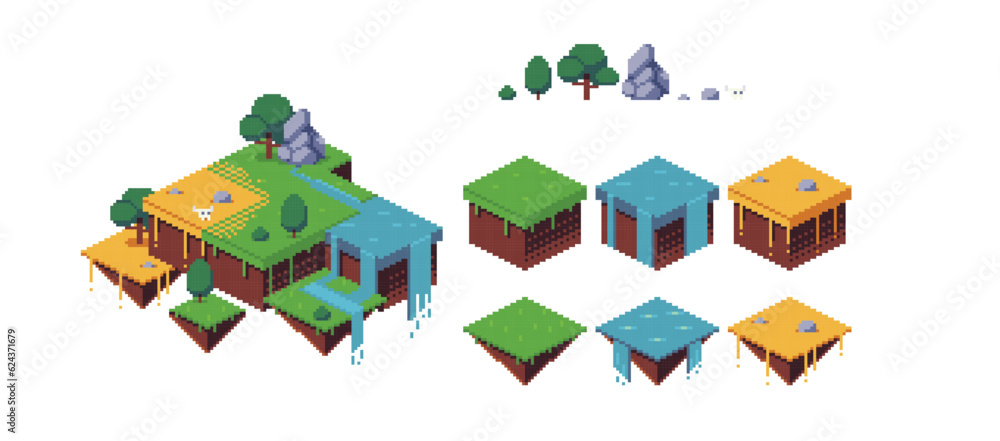 Game constructor set of isometric tiles. Pixel art style objects. Vector illustration