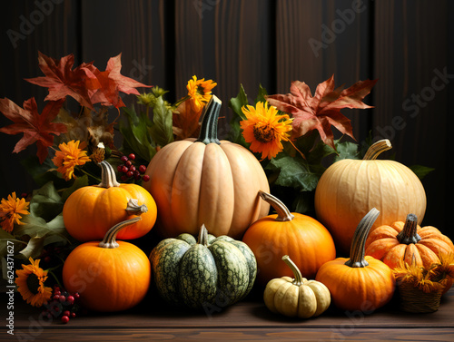 Fresh assorted pumpkin and squash on table with red and yellow fall leaves 