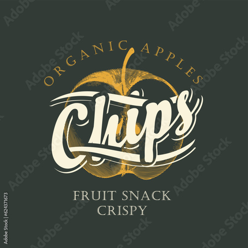vector label banner packaging for apple chips with realistic drawing of half an apple with the logo writing the word chips