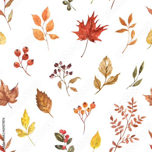 Watercolor autumn leaves and foliage seamless pattern on white background. Botanical fall print.