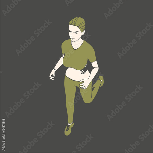 Running woman. Sport girl illustration. Casual sportwear - t-shirt, breeches and sneakers. Young woman wearing workout clothes. Sport fashion girl outline in urban casual style.