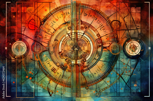A digital painting of a clock with roman numerals. Generative AI. Abstract geometric background with lines and flat forms.