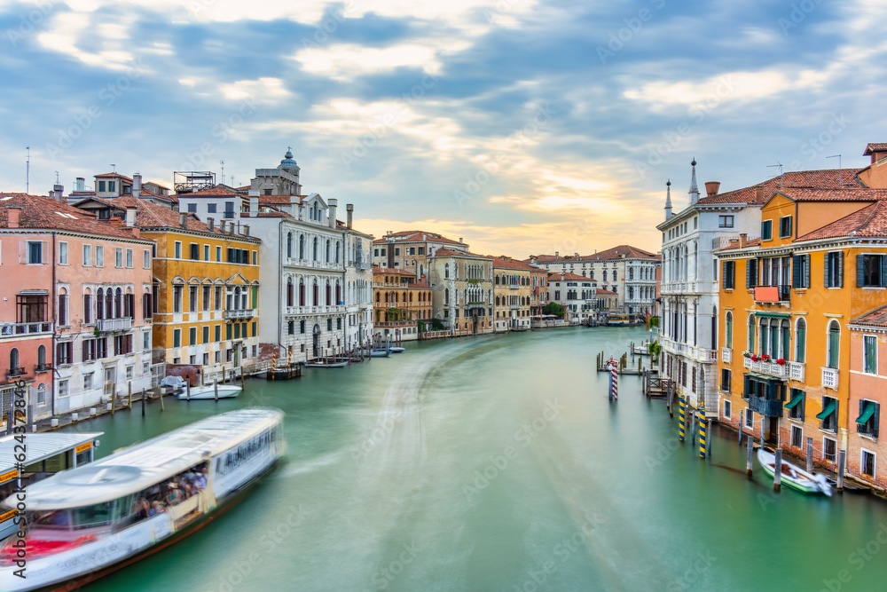 Long exposure picture with the Grand Canal at sunset in Venice, Italy.