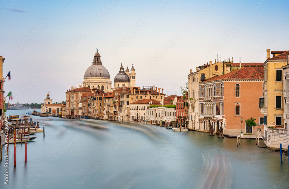 View over the Grand Canal with Basilica di Santa Maria della Salute in Venice.