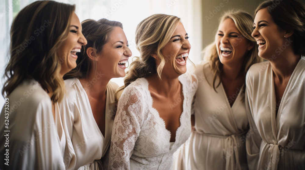 A candid shot of the bride and her bridesmaids laughing together, creating cherished memories before the ceremony Generative AI A candid shot of the bride and her bridesmaids laughing together, creating cherished memories before the ceremony Generative AI
