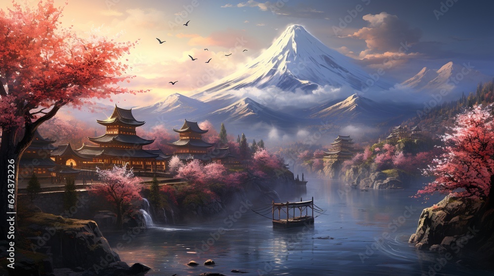 beautiful japanese scenery mountain illustration background