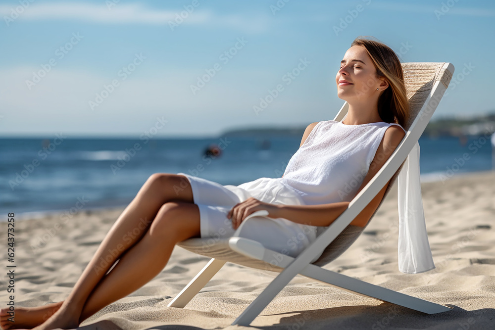 An attractive woman sitting on a white beach. AI generative