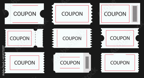 Various illustration options for coupon promotion. coupon set, coupons, discount coupon, gift coupon, coupon book. Tickets, ticket template, example. Vector.