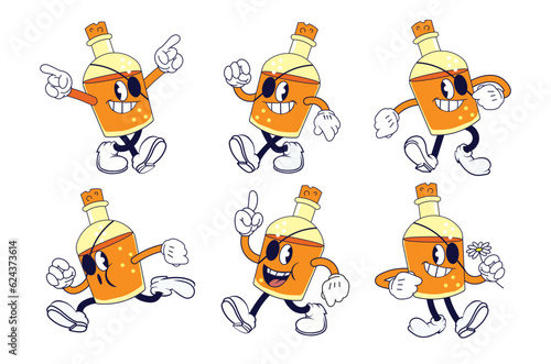 A set of six vintage cartoon rum bottle characters with eye patches, smiling faces, and limbs. The characters are depicted in a variety of energetic poses, vector illustration. Cartoon mascot set