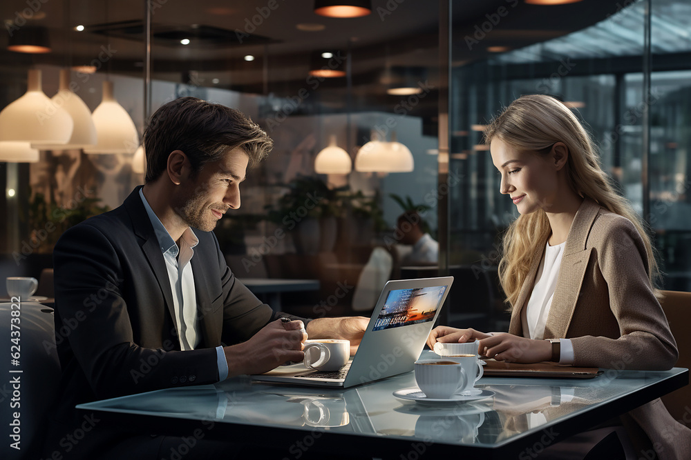 Two people flirting over coffee in the office. AI genertive..