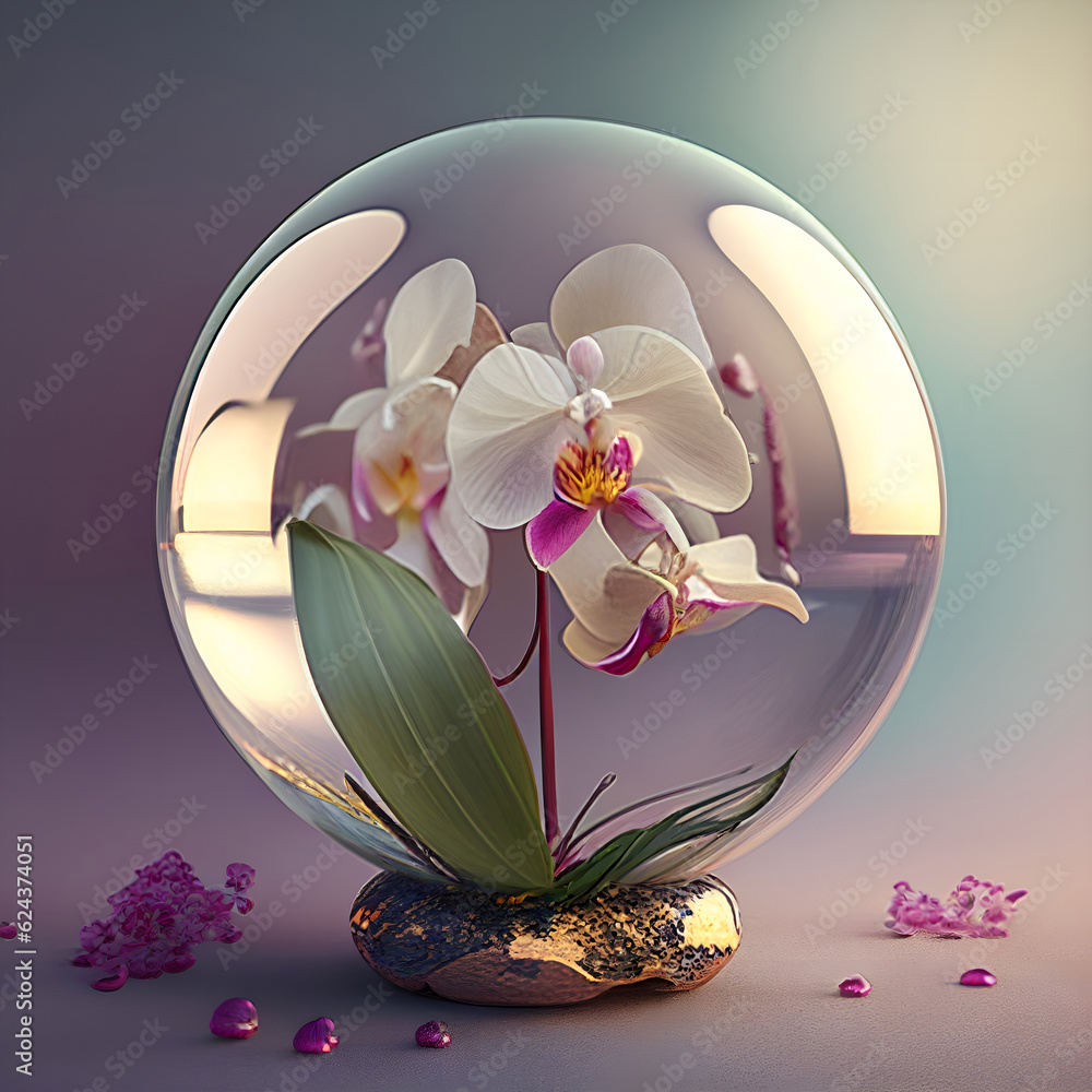 Glass ball with a white and light magenta color orchid inside
