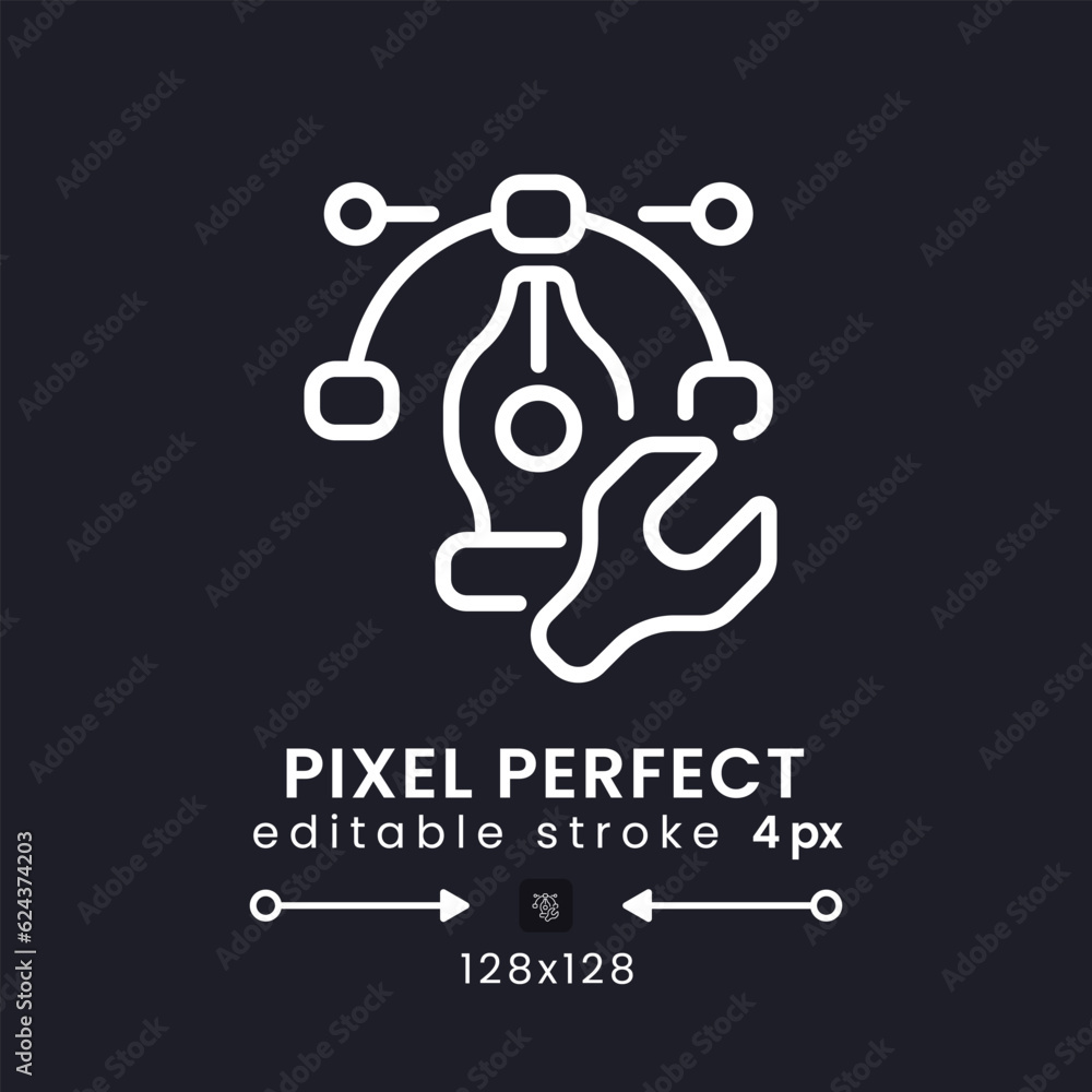 Design tools white linear desktop icon on black. Graphics software. Online marketing. Pixel perfect 128x128, outline 4px. Isolated user interface symbol for dark theme. Editable stroke Design tools white linear desktop icon on black. Graphics software. Online marketing. Pixel perfect 128x128, outline 4px. Isolated user interface symbol for dark theme. Editable stroke