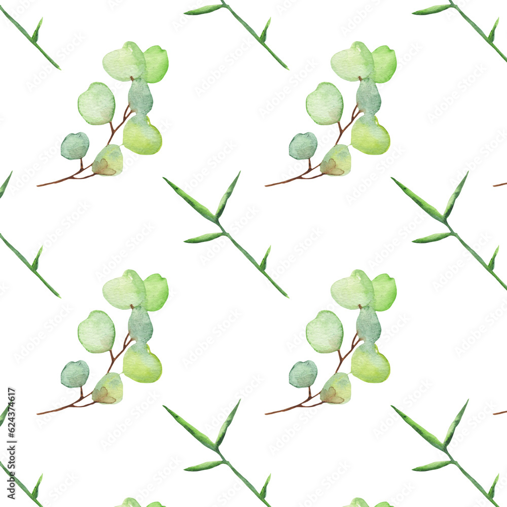Obraz premium Seamless pattern green leaves trees and branches, foliage of natural branches, green leaves, herbs, tropical plants hand drawn watercolor on white background.