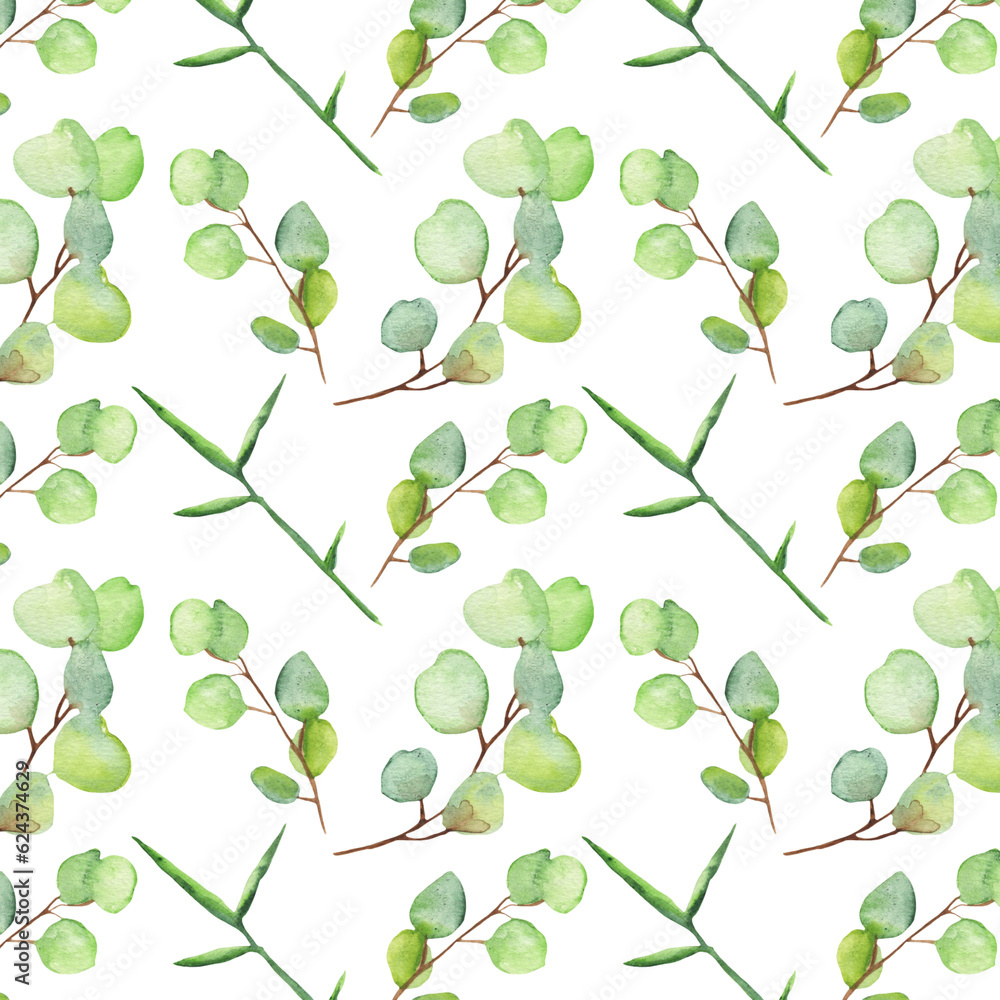 Seamless pattern green leaves trees and branches, foliage of natural branches, green leaves, herbs, tropical plants hand drawn watercolor on white background. Seamless pattern green leaves trees and branches, foliage of natural branches, green leaves, herbs, tropical plants hand drawn watercolor on white background.