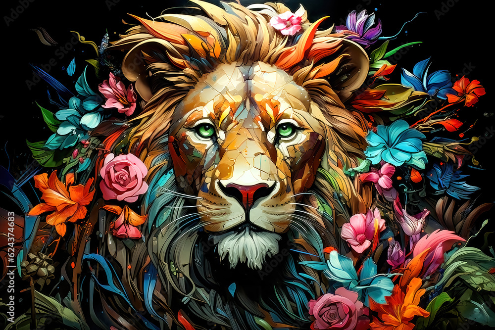 Lion with flowers on a black background. Colorful illustration. generative ai