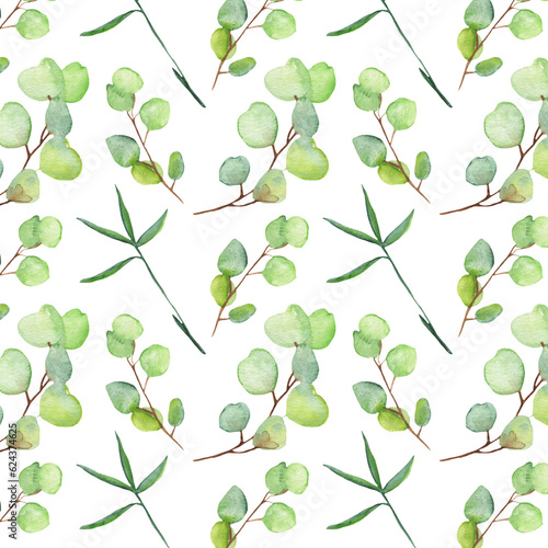 Wallpaper Mural Seamless pattern green leaves trees and branches, foliage of natural branches, green leaves, herbs, tropical plants hand drawn watercolor on white background. Torontodigital.ca