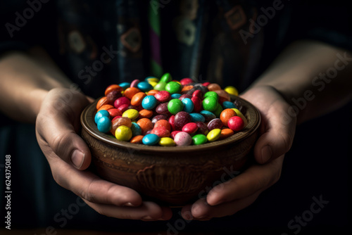 A close-up shot of hands holding a bowl filled with colorful Halloween candies, tempting viewers with the sweet treats of the season. Generative Ai