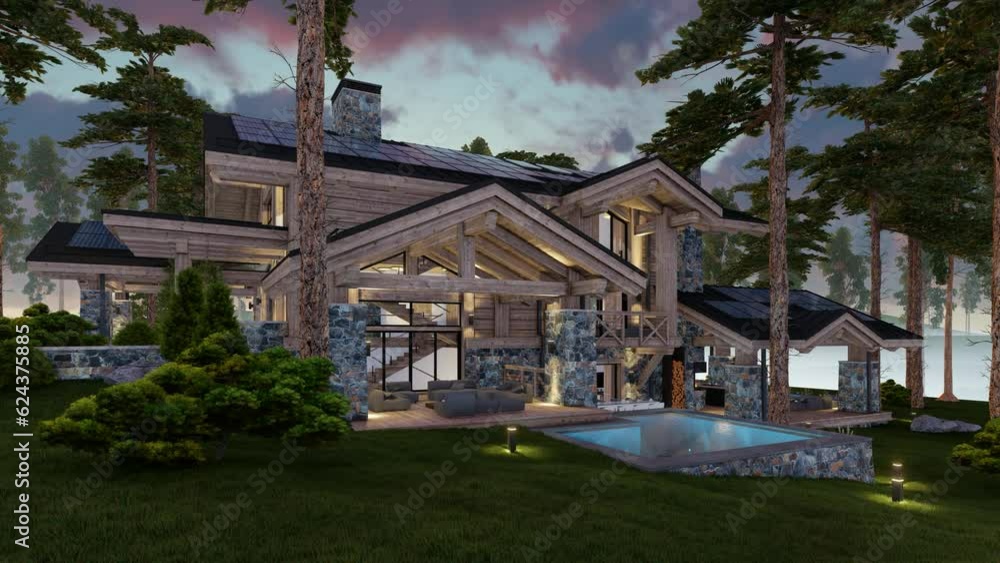 4K video rendering of modern cozy chalet with pool and parking for sale or rent. Beautiful forest mountains on background. Sunset сlear summer evening with cozy light from window 4K video rendering of modern cozy chalet with pool and parking for sale or rent. Beautiful forest mountains on background. Sunset сlear summer evening with cozy light from window