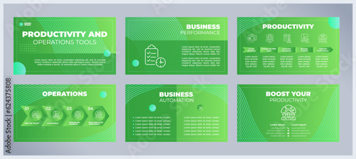Productivity and operations tools presentation templates set. Time management software. Business automation. Ready made PPT slides on green background. Graphic design. Montserrat  Arial fonts used