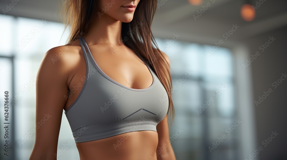 sexy body of woman wearing grey shirt on blurred background