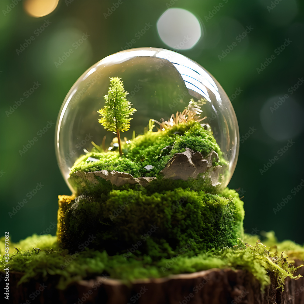 Small green plant in small glass ball with bokeh background