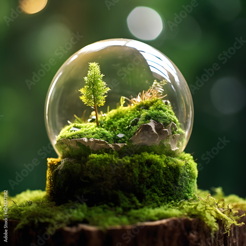 Obraz na płótnie Small green plant in small glass ball with bokeh background w salonie
