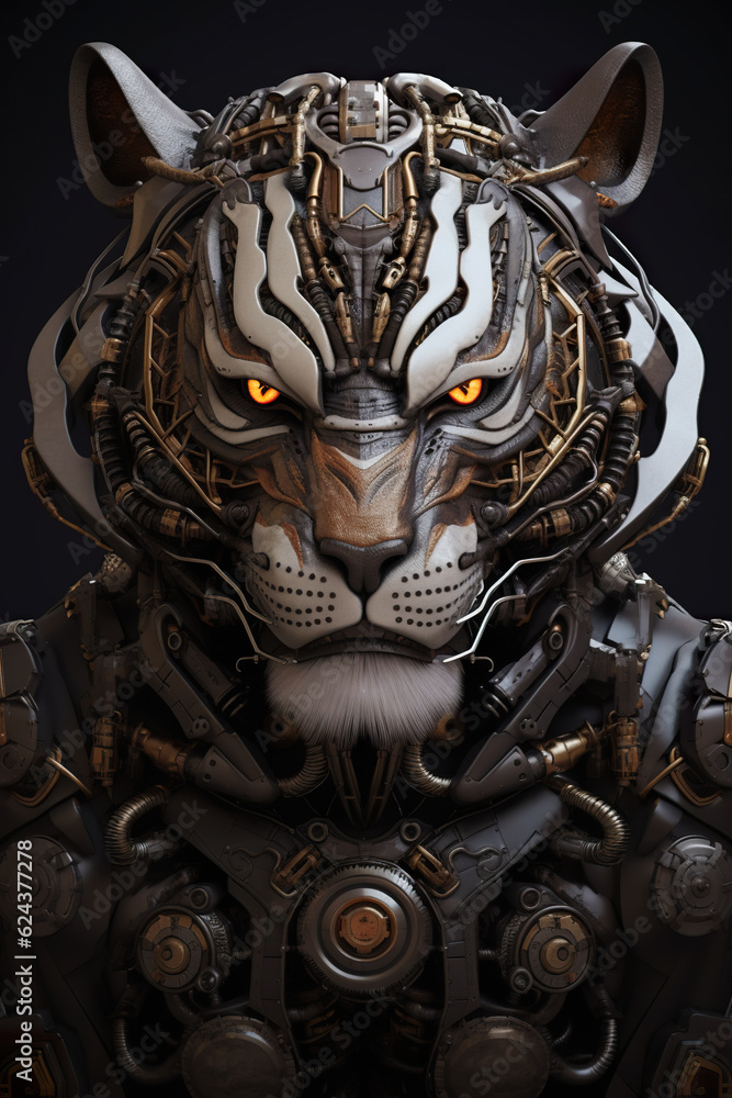 Fototapeta premium A close up of a tiger's head with wires on it. Generative AI.