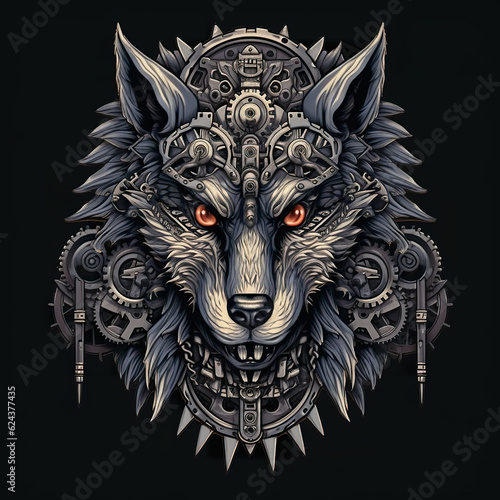 The head of a wolf with gears and gears. Generative AI.