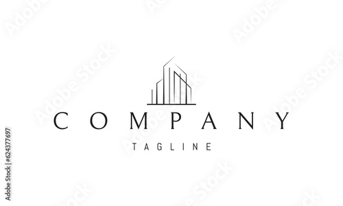 Vector logo on which an abstract image of a modern skyscraper in a linear style.
