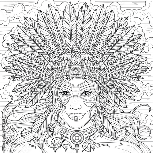 American Indian Girl in Roach.Coloring page antistress for children and adults. Illustration isolated on white background.Zen-tangle style. Hand draw