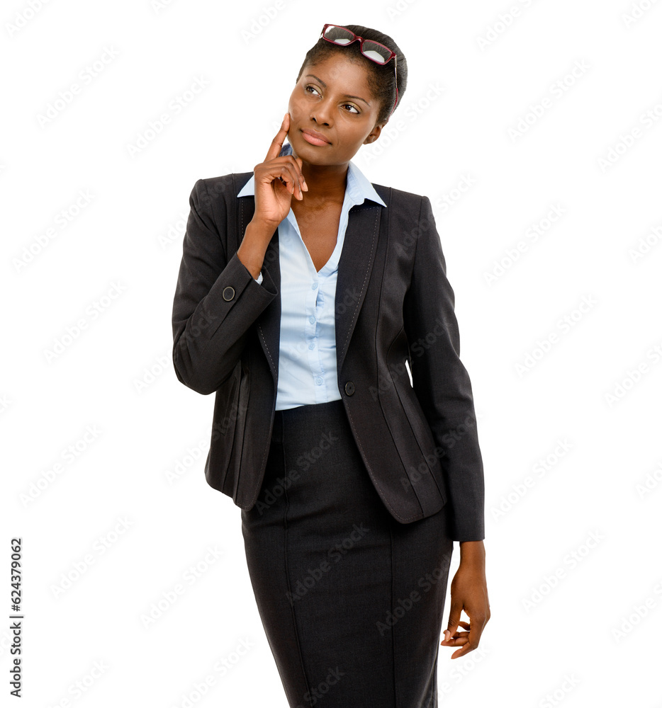 Doubt, African business woman, thinking or idea for job, goal or dream, isolated by transparent png background. Businesswoman, entrepreneur or brainstorming for solution, problem solving and decision Doubt, African business woman, thinking or idea for job, goal or dream, isolated by transparent png background. Businesswoman, entrepreneur or brainstorming for solution, problem solving and decision