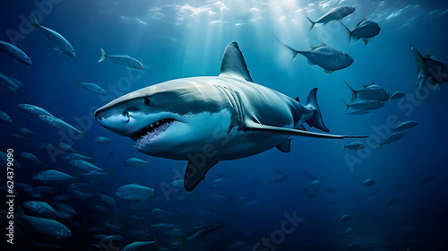 Ocean shark bottom view from below. Open toothy dangerous mouth with many teeth. Underwater blue sea waves clear water shark swims forward