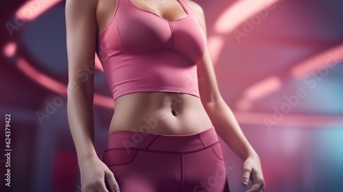 sexy body of woman wearing dark pink shirt on blurred background