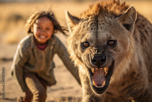 Wild beast like African hyena protects a little kid. Generative AI 9