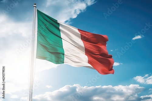 Italian flag flying in the wind on a flagpole against a blue sky with clouds. Green white red Italy flag wallpaper. 