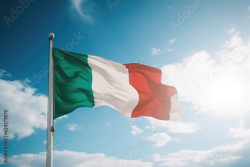 Italian flag flying in the wind on a flagpole against a blue sky with clouds. Green white red Italy flag wallpaper. 