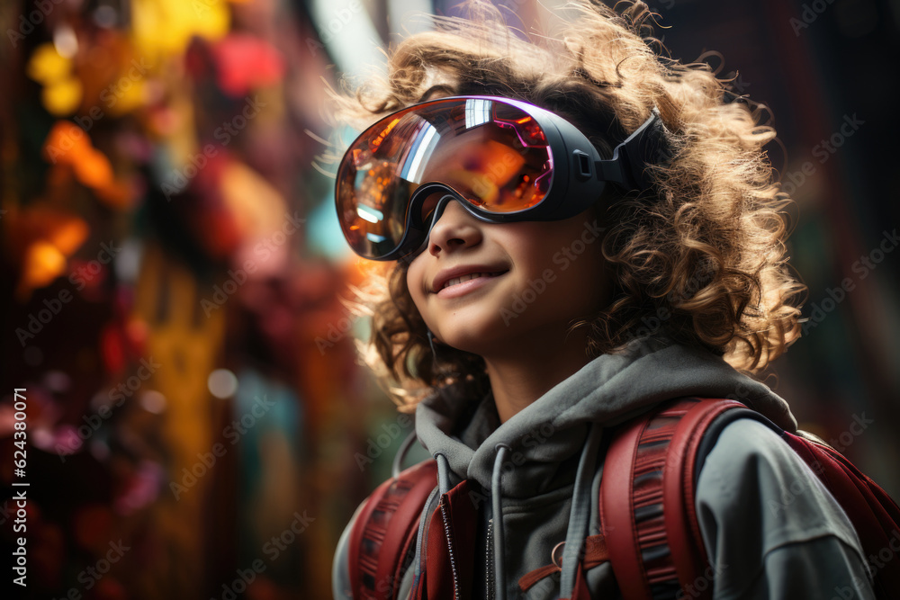 A young boy wearing goggles and a backpack. Generative AI. A young boy wearing goggles and a backpack. Generative AI.