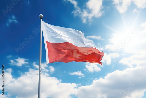 Polish flag flying in the wind on a flagpole against a blue sky with clouds. White red Poland flag wallpaper. 