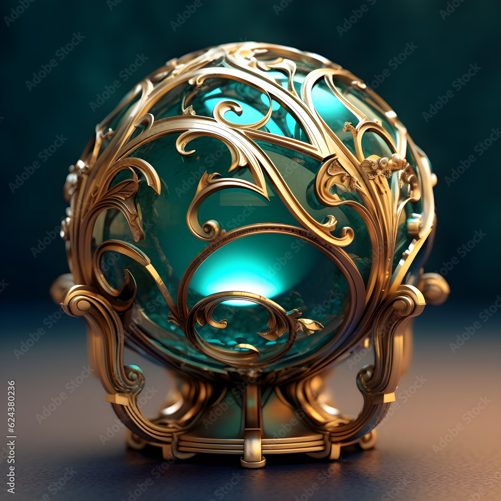 A glass ball with turquoise color and golden foliage ornaments