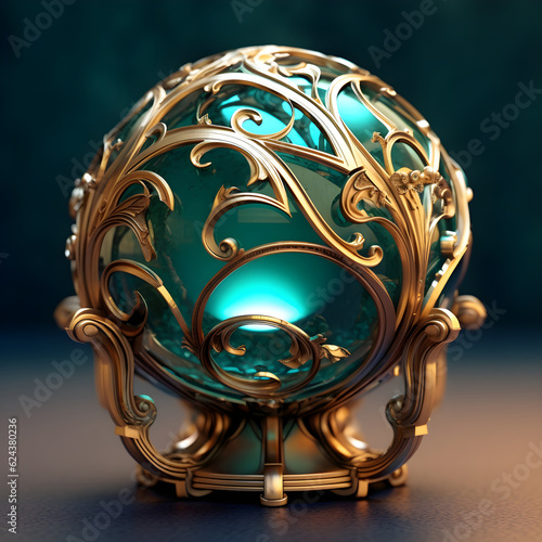 Obraz na płótnie A glass ball with turquoise color and golden foliage ornaments w salonie